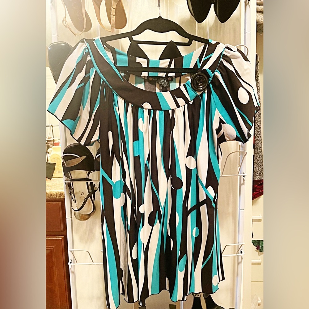 Women’s Dressy Blouse (Susie In The City) size Large, colors Black/Teal/White